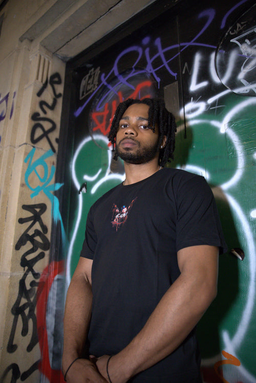 GBP England black t-shirt with front chest logo, graffiti wall background, Sociopath Collection