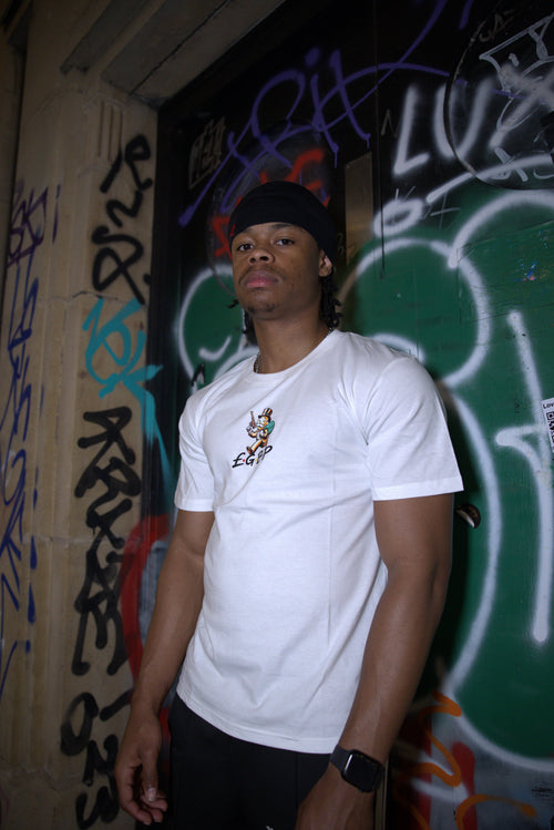 GBP England white t-shirt with front chest logo, graffiti wall background, Sociopath Collection