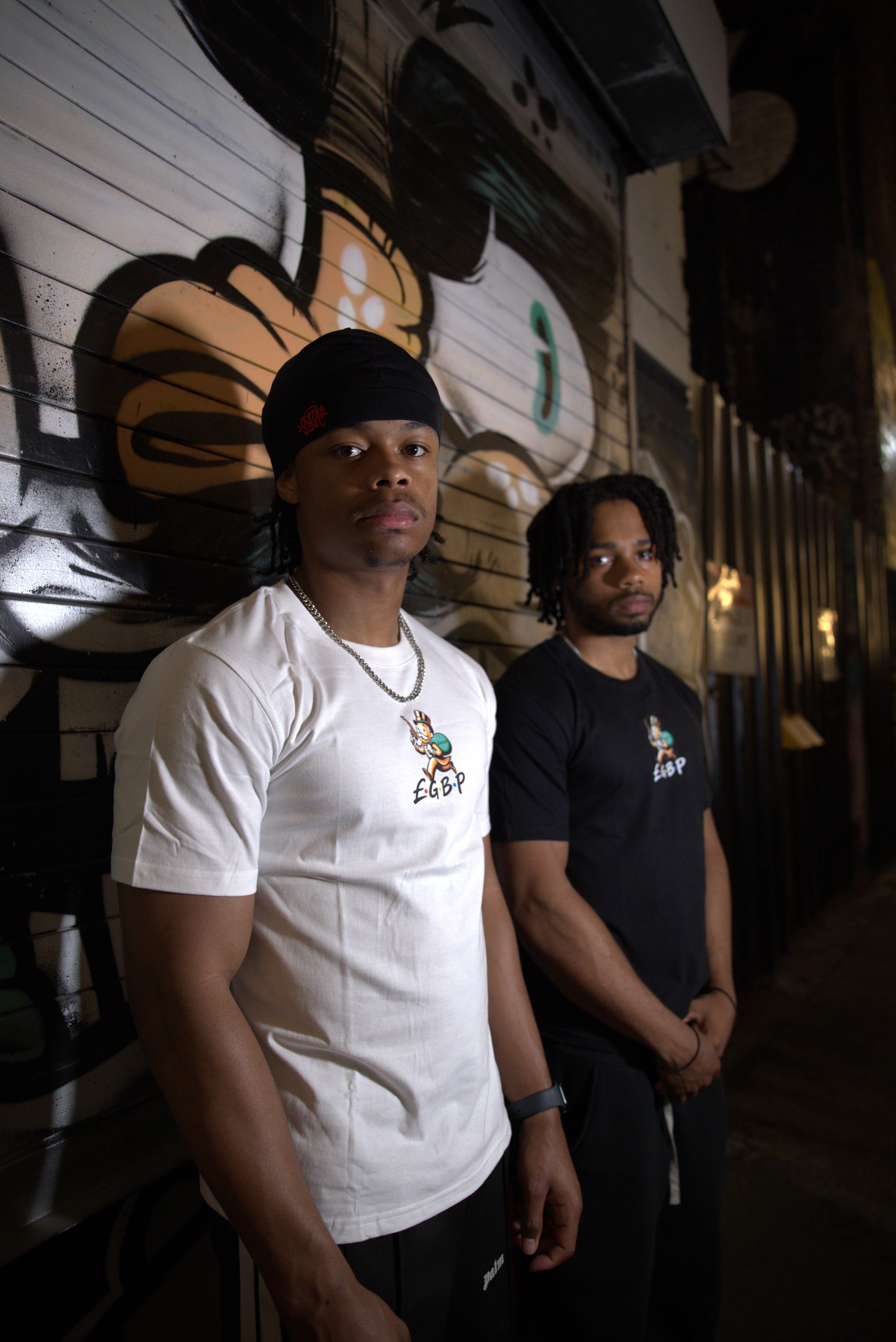 GBP England white t-shirt with front chest logo, graffiti wall background, Sociopath Collection